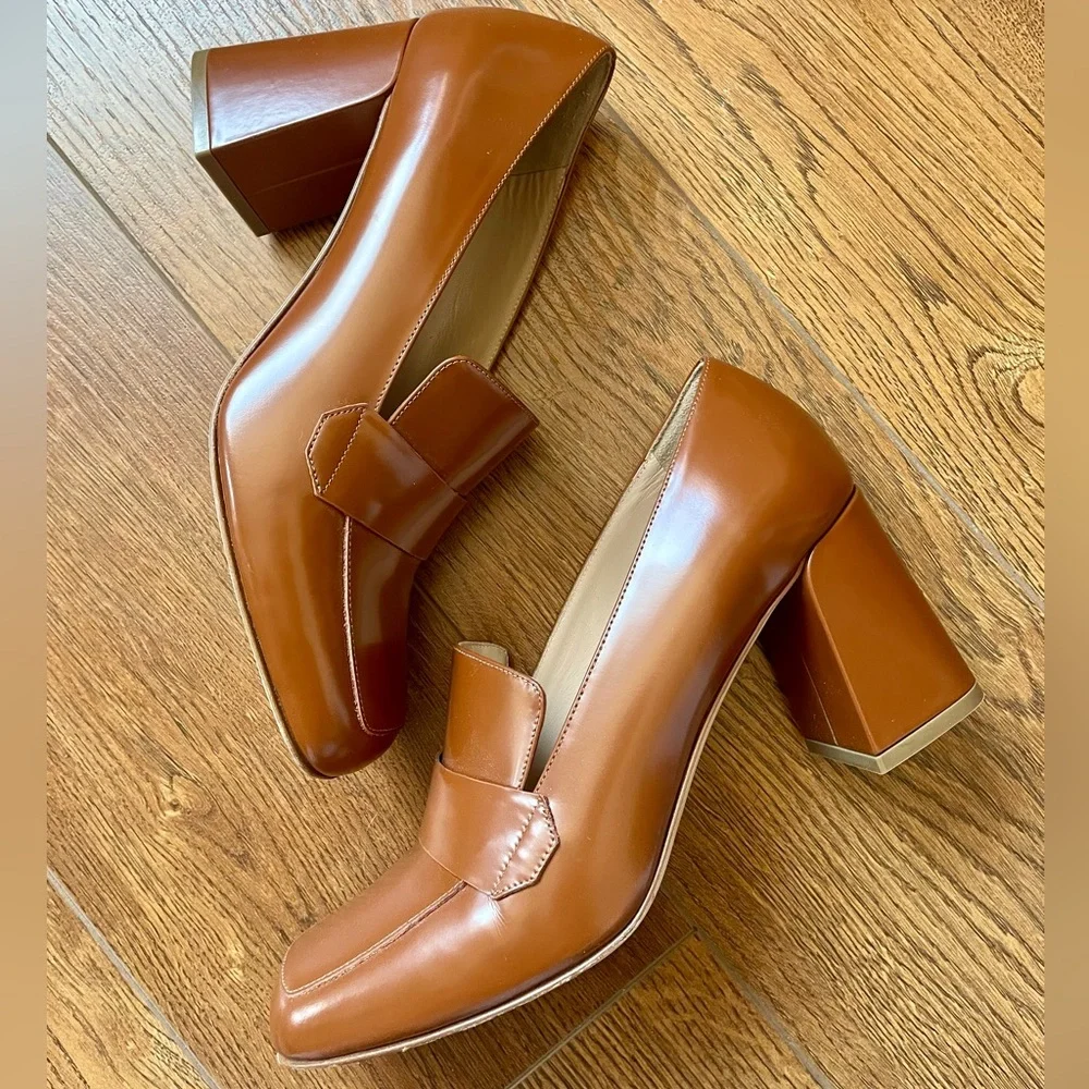 M. Gemi Brown Leather Block Heels - Picture 4 of 9